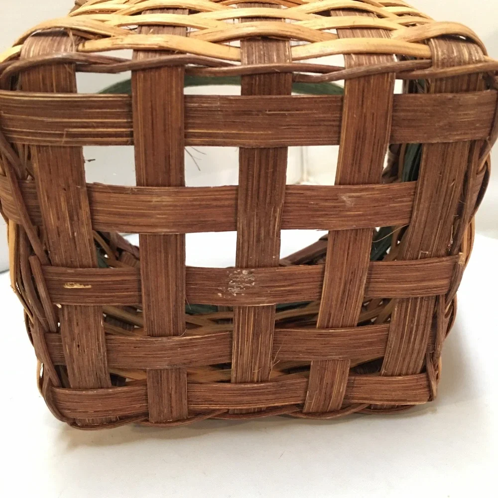Woven Wood Basket Small Brown Green Bow Handle Rustic Decor Farmhouse Country